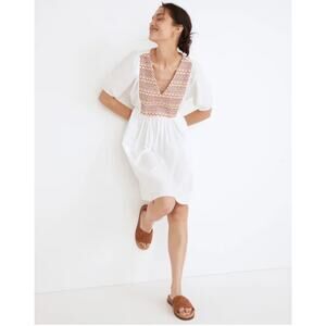 Madewell Boho Chic Embroidered Poplin V-Neck Mini Sundress Puff Sleeve Peasant